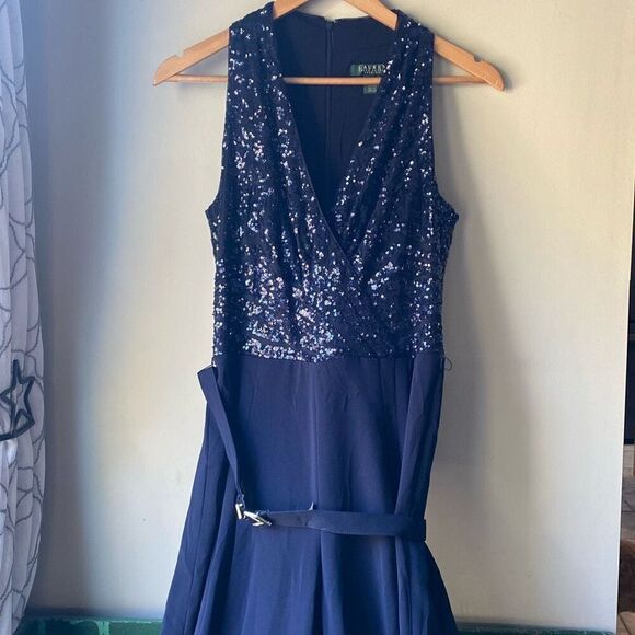 Lauren Ralph Lauren evening navy blue one piece romper jumpsuit size 6 sequin wi - Picture 1 of 14